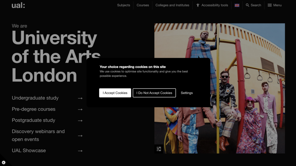 A centre overlay cookie popup on University Arts London website.